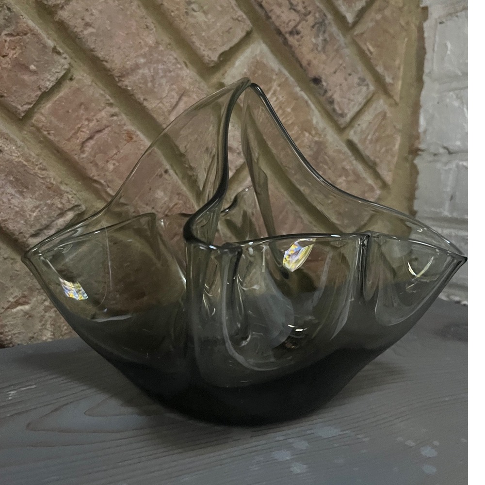 VTG Viking Glass Epic Charcoal Smoke Gray Handkerchief Basket Bowl MCM Art Glass